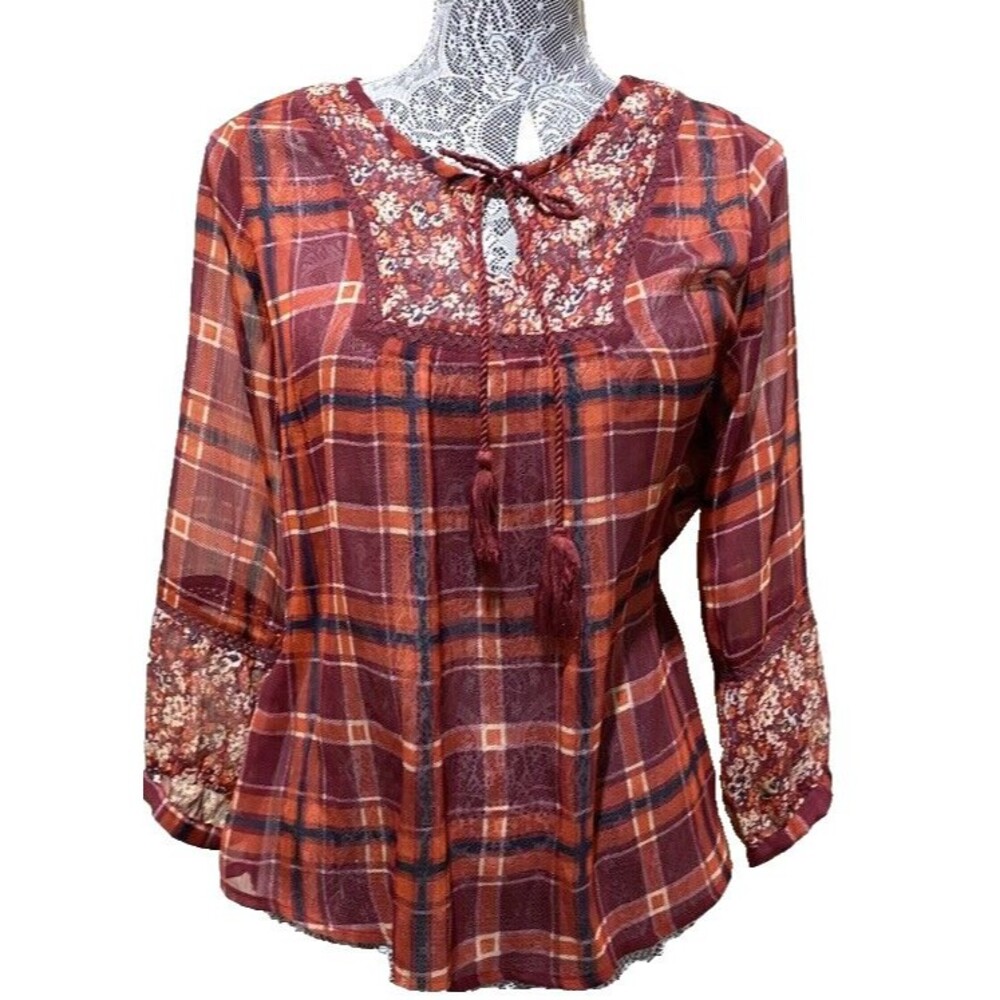 Vintage Blouse Girl Krazy Shirt Hipster Hippie Top Pullover Sz S Plaid Sheer